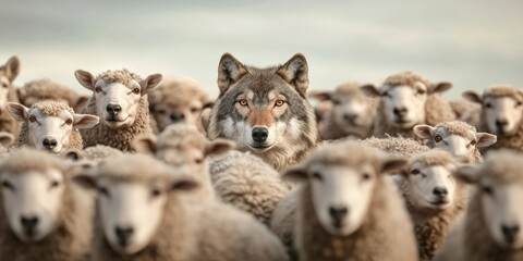 Obraz premium A wolf stands among a flock of sheep, creating a dramatic contrast between predator and prey in a natural setting.