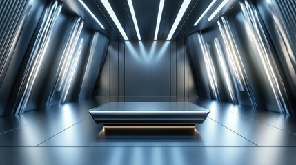 Naklejka premium Futuristic Metal Room with Platform and Bright Lights - Modern Interior Design 3D Render.