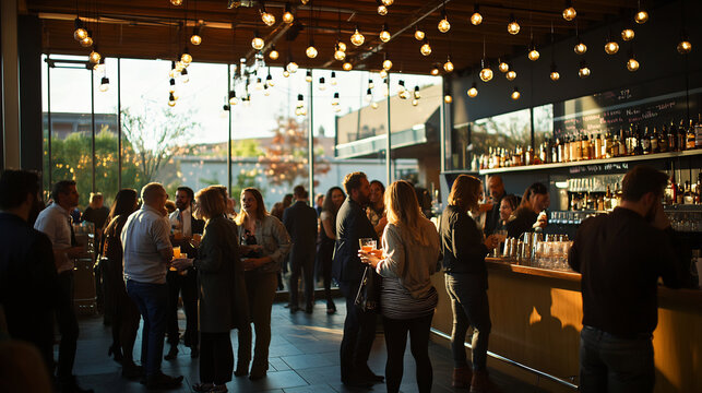 Evening Social Gathering at a Trendy Bar with People Enjoying Drinks and Conversations Under Warm Ambient Lighting