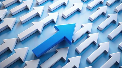 Leadership concept with blue leader arrow leading a group of white arrows in a rendering, leadership, concept, blue, leader