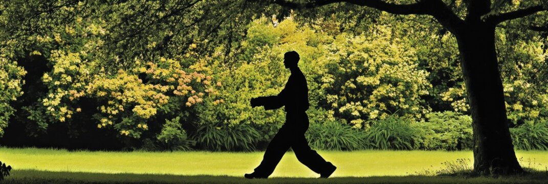 A silhouette of a person walking through a lush green park.