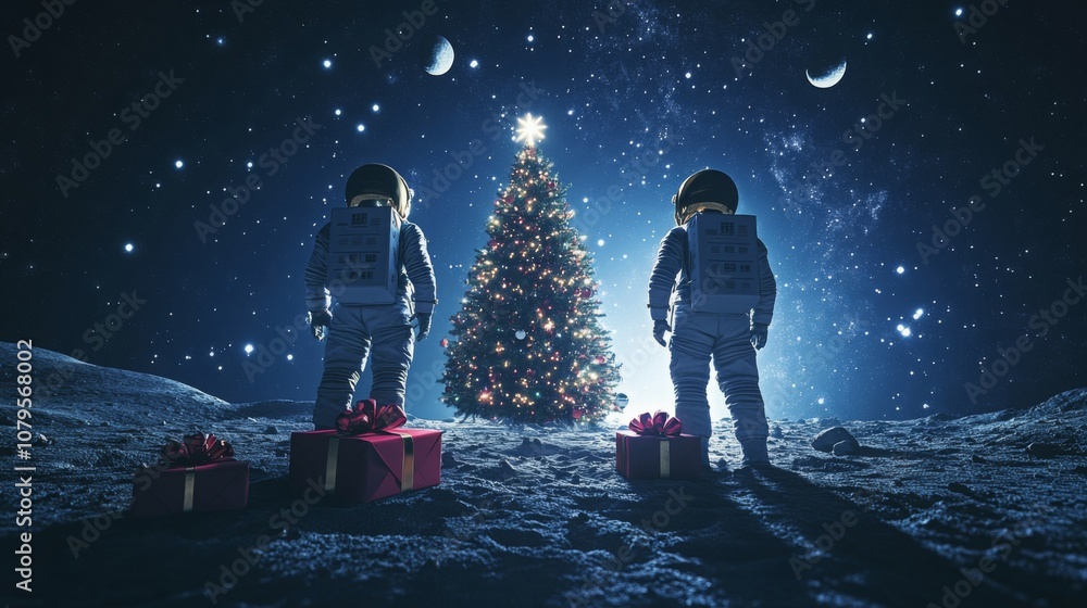 Poster two astronauts stand on the moon, facing a beautifully decorated christmas tree surrounded by gifts.