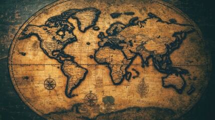 Vintage World Map with Compass Rose