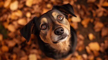 Inquisitive dog gazing upward amidst fallen autumn leaves captured from a high angle The dog s eyes convey a sense of curiosity and suspicion
