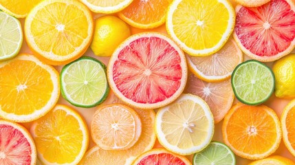 Fototapeta premium Fresh Citrus Fruit Slices - Orange, Lemon, Lime and Grapefruit - Close Up Food Photography.