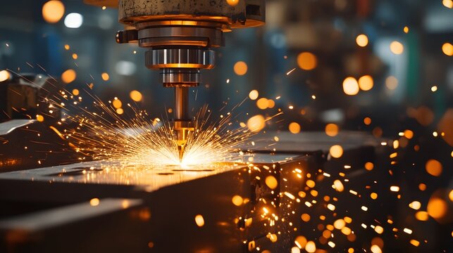 A modern manufacturing plant with CNC machines cutting precision parts from steel blocks, operated by skilled technicians.