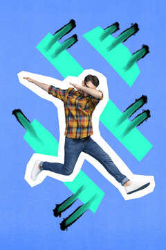 Vertical photo collage of happy man do deb dance ump fly entertainment relax party occasion student isolated on painted background