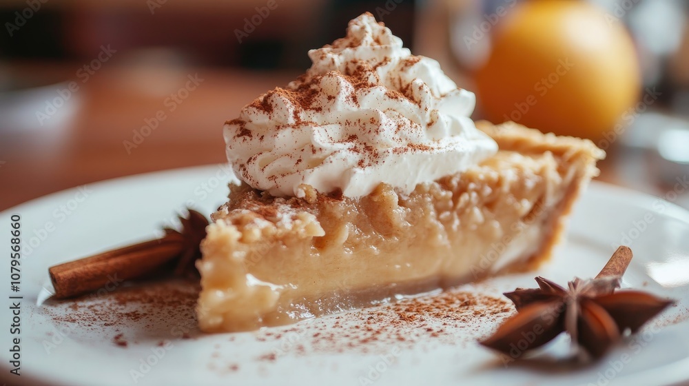 Poster close up of a slice of pie topped with whipped cream and garnished with spices