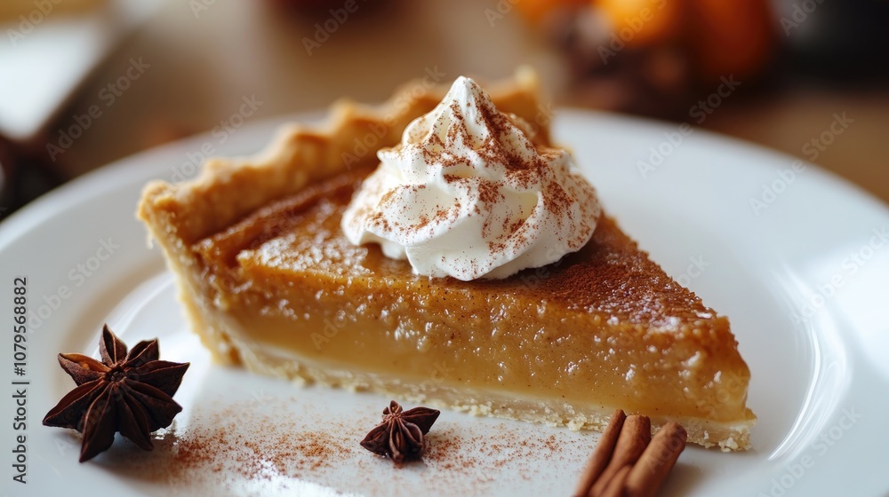Poster close up of a slice of pie topped with whipped cream and garnished with spices