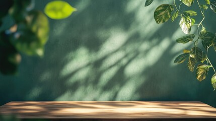 Wooden table against a green wall illuminated by sunlight casting leaf shadows Blurred indoor plant in the foreground Panoramic banner mockup for product display eco friendly theme
