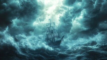 Fototapeta premium A lone ship sails through a stormy sea with dark clouds overhead, lit by a bright light.