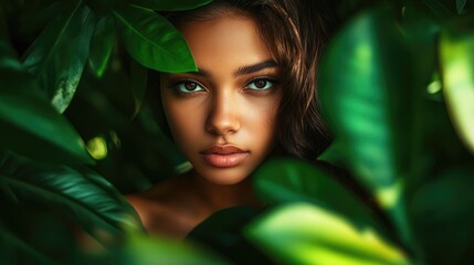 Fototapeta premium Female model posing amidst lush green foliage
