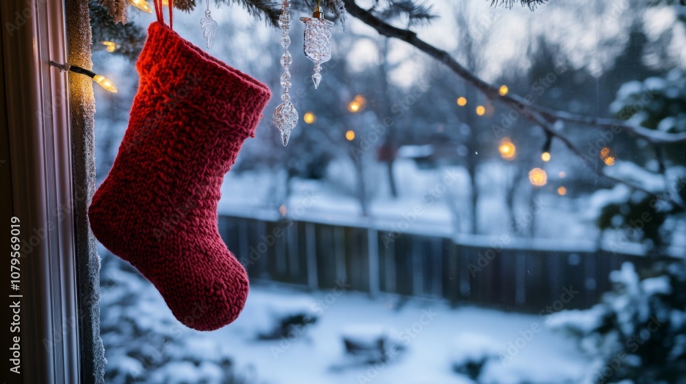 Poster A bright red stocking dangles from a tree branch outside, adorned with sparkling icicles and surrounded by a winter wonderland of snow.