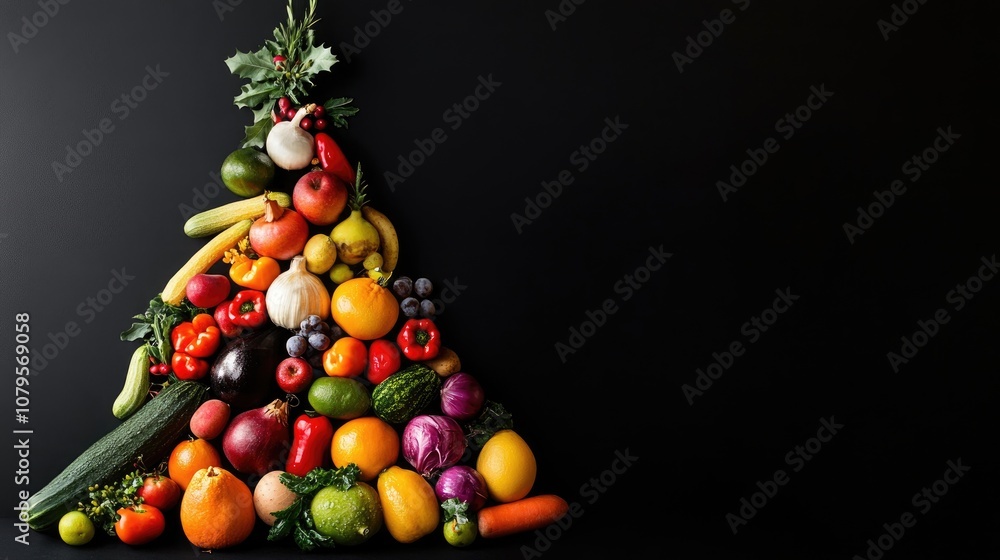Poster assorted vegetables and fruits arranged in a triangle shape resembling a christmas tree set against 