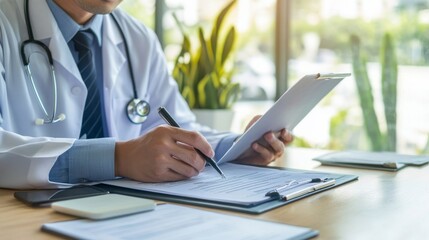 health insurance law, Asian male lawyer reviewing health insurance policies, focused and analytical, professional workspace