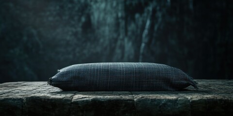 Fototapeta premium A solitary pillow rests on a stone surface against a blurred, dark background.