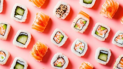 Top View of Fresh Sushi Rolls on a Pink Background.