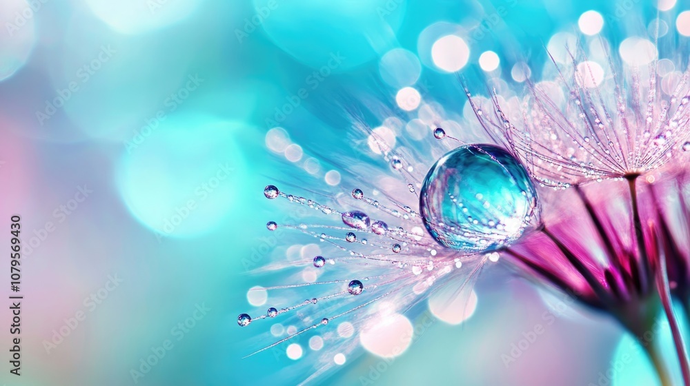 Poster dew drop resting on a dandelion macro flower with soft selective focus against a vibrant blue and li