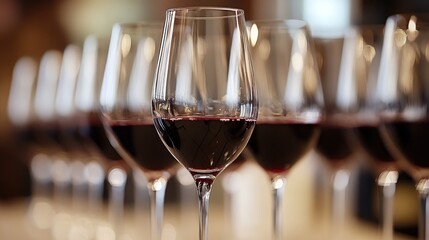 Row of wine glasses filled with red wine displayed on a table