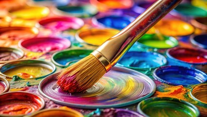 Obraz premium A close-up of a brush dipping into vibrant paint on a palette , art, creativity, vibrant, colors, brush strokes, painting