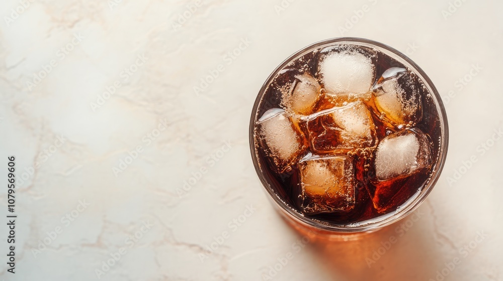 Poster aerial perspective of a glass filled with cola and ice cubes on a white stone surface featuring ampl