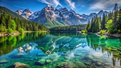 Fototapeta premium Crystal clear lake surrounded by lush greenery and snow-capped mountains , freshwater, lake, beautiful, serene