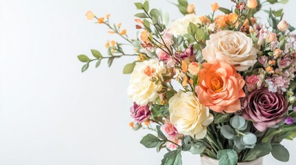 Artificial flower arrangements in a vase on a white background faux florals