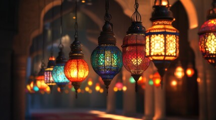 Colorful Islamic lanterns suspended in a row from the ceiling