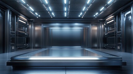 Obraz premium Futuristic Metal Room with Platform and Neon Lights - Modern Sci-Fi Interior Design.