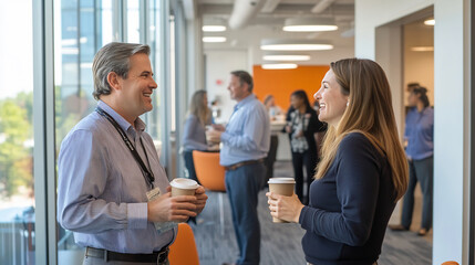 Professionals Networking with Coffee During a Business Event in Modern Office Space