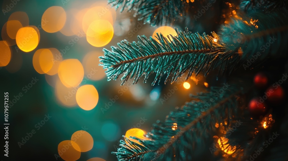 Poster macro shot of a christmas tree with bokeh light effects