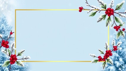 Festive Christmas Frame with Golden Border, Snowy Holly Berries, and Light Blue Winter Background. Copyspace.