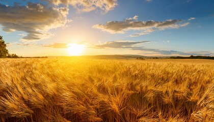 Golden Fields of Wheat Swaying Gently in the Wind, Stretched Across a Vast Plain Under a Brilliant Blue Sky, With the Warm Sun Casting a Soft Glow Over the Horizon
