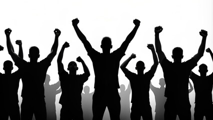 Fototapeta premium Silhouettes of angry men with raised arms black and white , silhouettes, men, anger, arms raised, black and white
