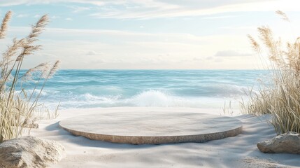 Minimalist Beach Scene with Stone Platform for Product Display.