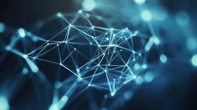 Abstract blue glowing plexus network of connected dots and lines, representing technology, communication, or data flow.