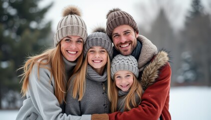 Family Enjoying Joyful Winter Day Outdoors in Snow, Smiling with Warm Clothing, Hats, & Togetherness, Surrounded by Trees & Cold Weather, Celebrating Winter Season & Fun Activities