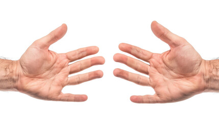 Two male hands trying to touch on white transparent background

