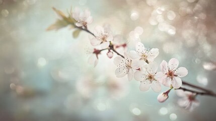 Obraz premium Softly blurred cherry blossom branch illuminated by delicate light creating a serene and tranquil spring floral backdrop