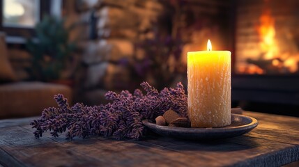 Aromatic candle placed on a hearth within a cozy cottage setting
