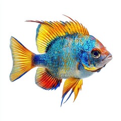 Fototapeta premium Vibrant Blue and Yellow Freshwater Aquarium Fish with Orange and Red Fins Isolated on White Background.