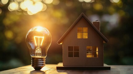 A luminous light bulb next to a miniature wooden house model on a table symbolizes an eco friendly perspective on home building or renovation