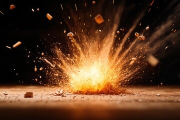 A vivid explosion disperses sparks and debris, creating a dynamic visual of energy and motion against a dark backdrop.
