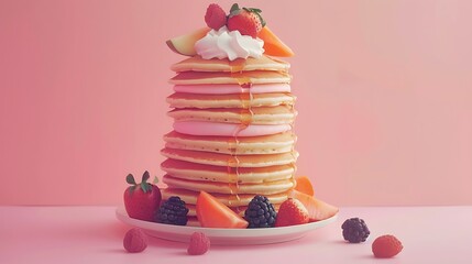 Tower of pancakes in pastel tones, accompanied by fresh fruits and a touch of honey or whipped cream