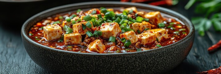 Mapo Tofu Delight, vibrant dish featuring spicy mapo tofu in a traditional bowl, garnished with fresh scallions, visually appealing and enticing