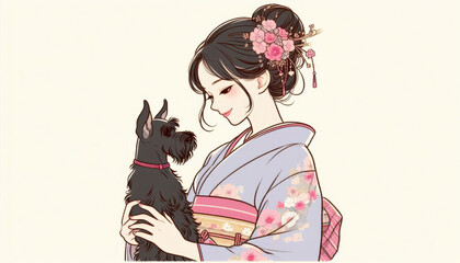 日本画（Japanese painting）／美人画　美女　着物　anime　イラス 子犬