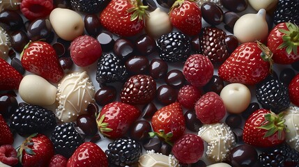 Variety of fruits covered in white and dark chocolate