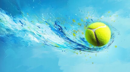 A yellow tennis ball flying through the air, leaving a trail of blue water behind it, against a blue and white background.