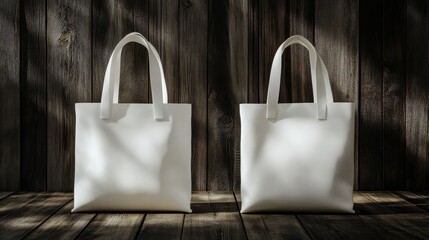 Two White Tote Bags Mockup on Rustic Wooden Background - Branding, Shopping, Packaging.