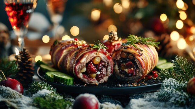 Savory beef roulades filled with plum and bacon accompanied by fresh cucumber served in a wintry setting